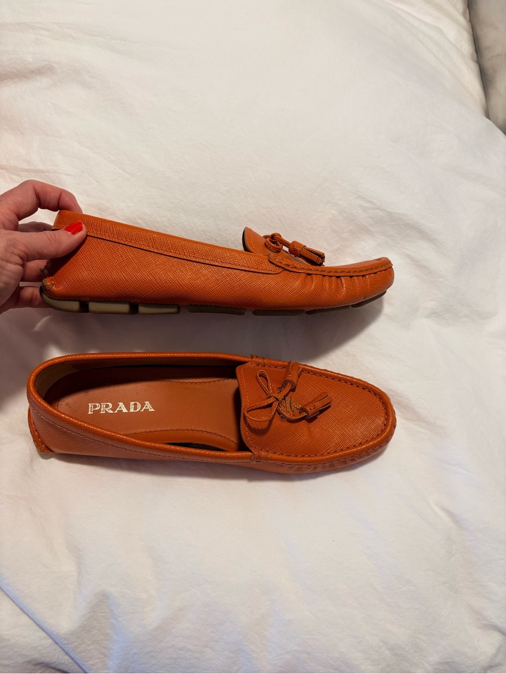Prada Orange Saffiano Leather Moccasin Loafers - Picture 2 of 5